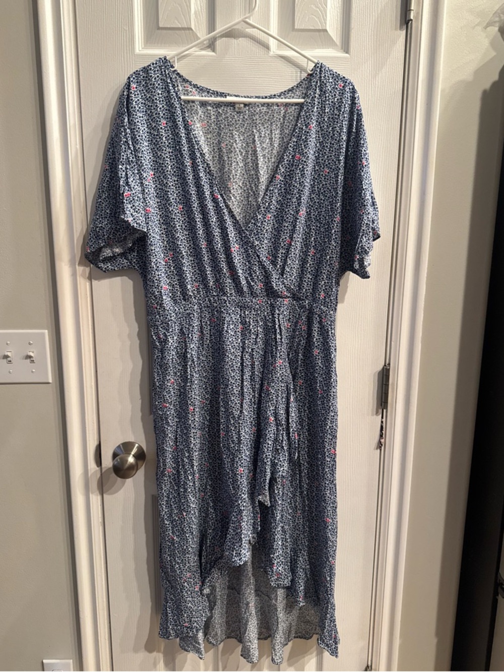 J. Crew Blue High-Low Wrap Dress with Pink Dot Accents